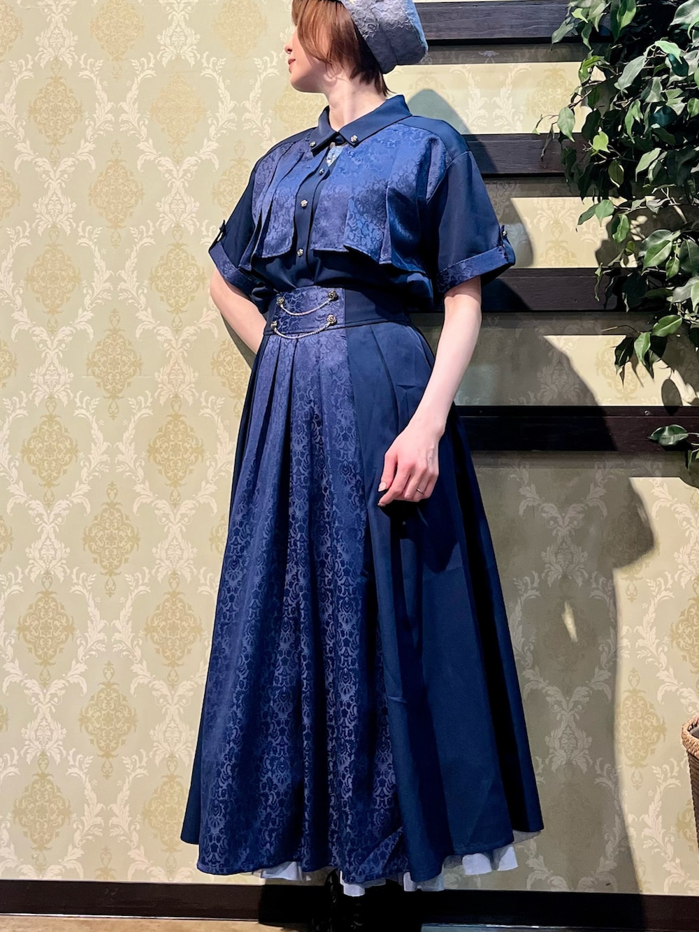 「春めき満開コーデ、キャップ、休日スタイル、デートコーデ、お出かけコーデ、大人カジュアル、axes femme、大人コーデ、お洒落さんとつながりたい、お花見コーデ、着物、春コーデ、大人女子、ジャガード、スカート」|「axes femmeの総レースキャスケット(キャスケット、ブルー系)」を使った、ハナミズキさん(レディース・158cm)の春コーディネートの4枚目の写真