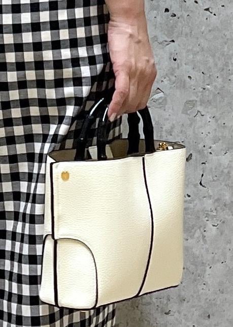 シルバー系のパンプス、ホワイト系のハンドバッグ、ブラック系のスカートを着用したレディースの夏コーディネートの7枚目の写真