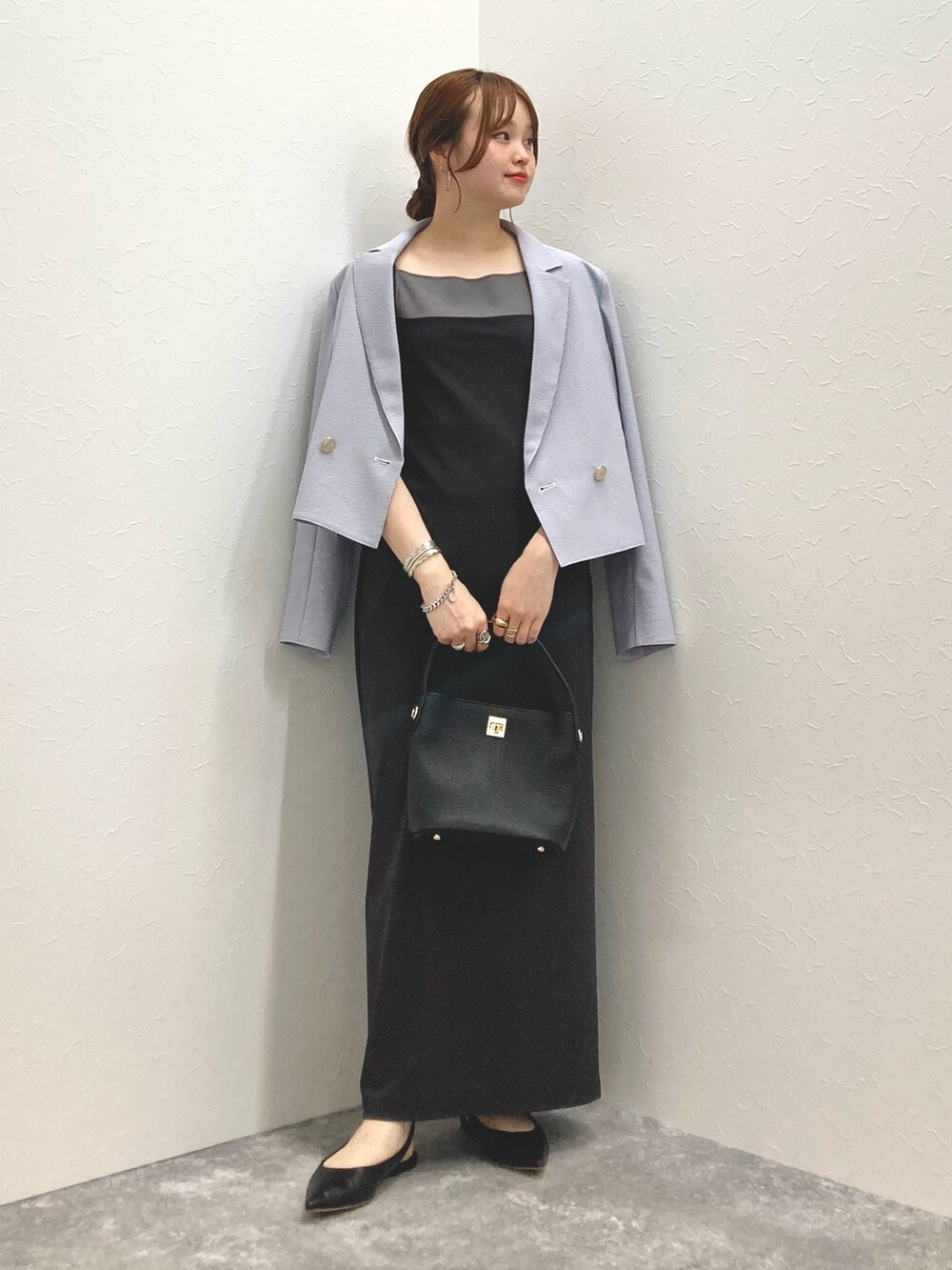 「ポインテッドトゥ、ショートジャケット、低身長、キャミワンピ、低身長コーデ、152cm、サッカージャケット、150cm台コーデ」｜「NOLLEY’Sの《セットアップ対応》ウォッシャブルサッカーストライプショートジャケット（テーラードジャケット、ブルー系）」を使った、nol murakamiさん（レディース・152cm）の夏コーディネートの6枚目の写真