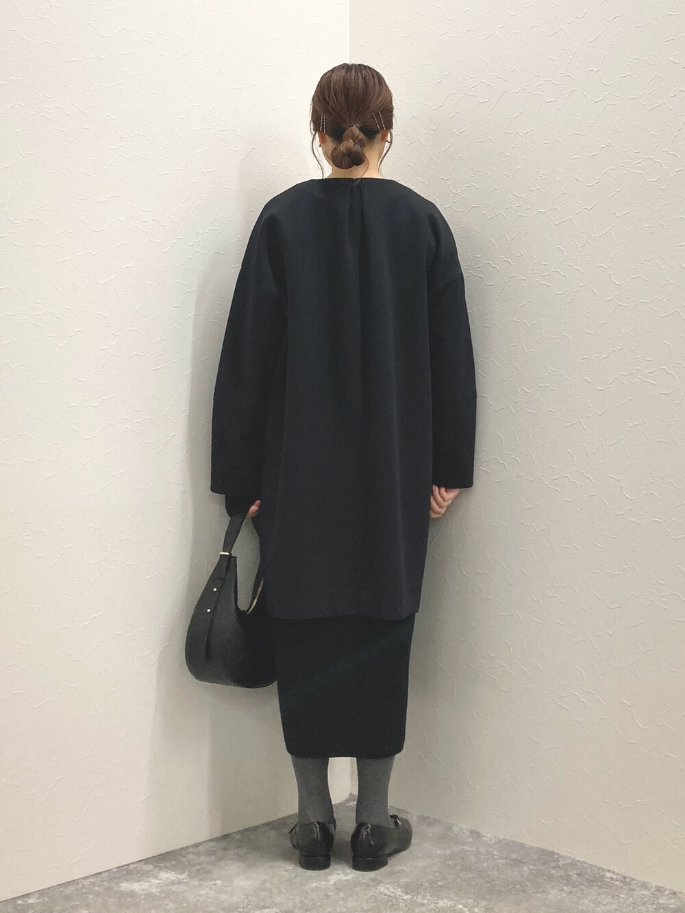 「低身長、低身長コーデ、152cm、150cm台コーデ、ラッフルフリル、ダンボールニット、ダンボール素材、ライトアウター、春コート」｜「NOLLEY’Sのウォッシャブルエアボールラッフルコート（その他アウター、ブルー系）」を使った、nol murakamiさん（レディース・152cm）の冬コーディネートの4枚目の写真