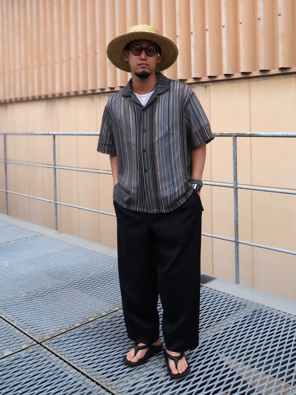 ブラック系のサンダル、グリーン系のシャツ/ブラウス、ブラック系のハットを着用したメンズの夏コーディネートの4枚目の写真