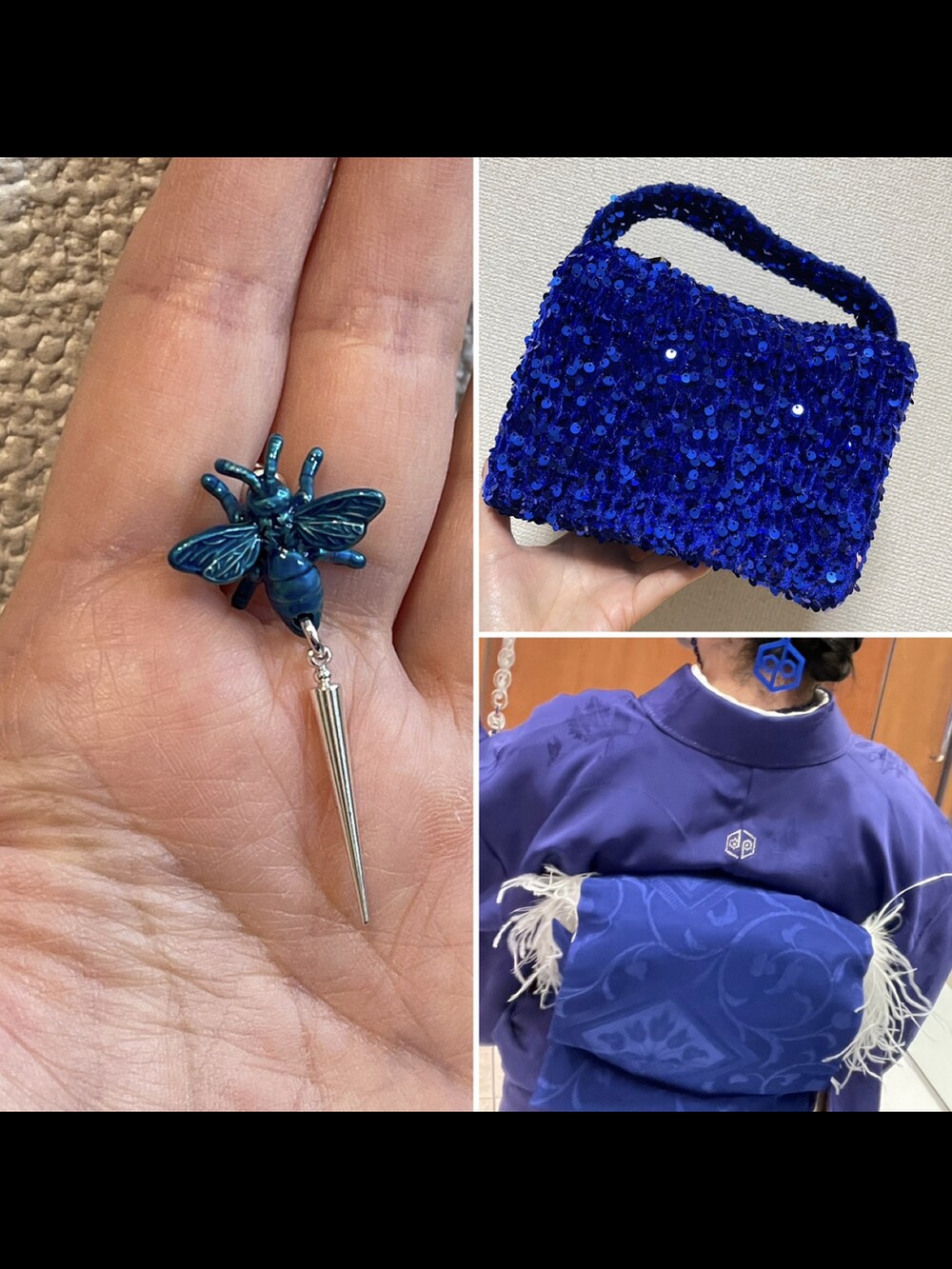 ブラック系のドレスシューズ、ブルー系の着物を着用したレディースの冬コーディネートの2枚目の写真