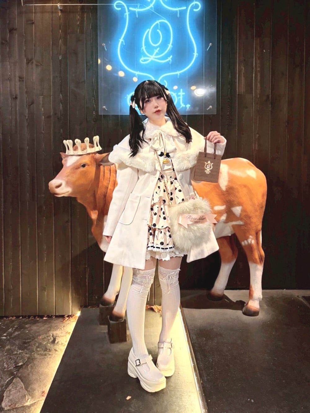 ホワイト系のその他アウター、ホワイト系のショルダーバッグ、ホワイト系のパンプスを着用したレディースの冬コーディネートの2枚目の写真