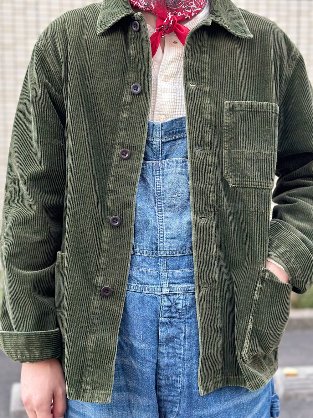 ホワイト系のTシャツ/カットソー、グリーン系のその他アウター、ブルー系のサロペット/オーバーオールを着用したメンズの秋コーディネートの2枚目の写真