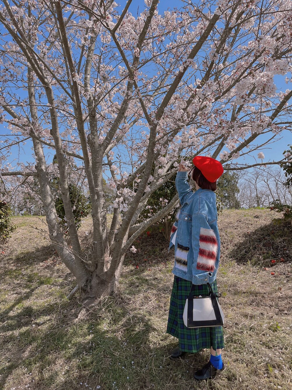 その他のデニムジャケット、ホワイト系のTシャツ/カットソー、グリーン系のスカートを着用したレディースの春コーディネートの4枚目の写真