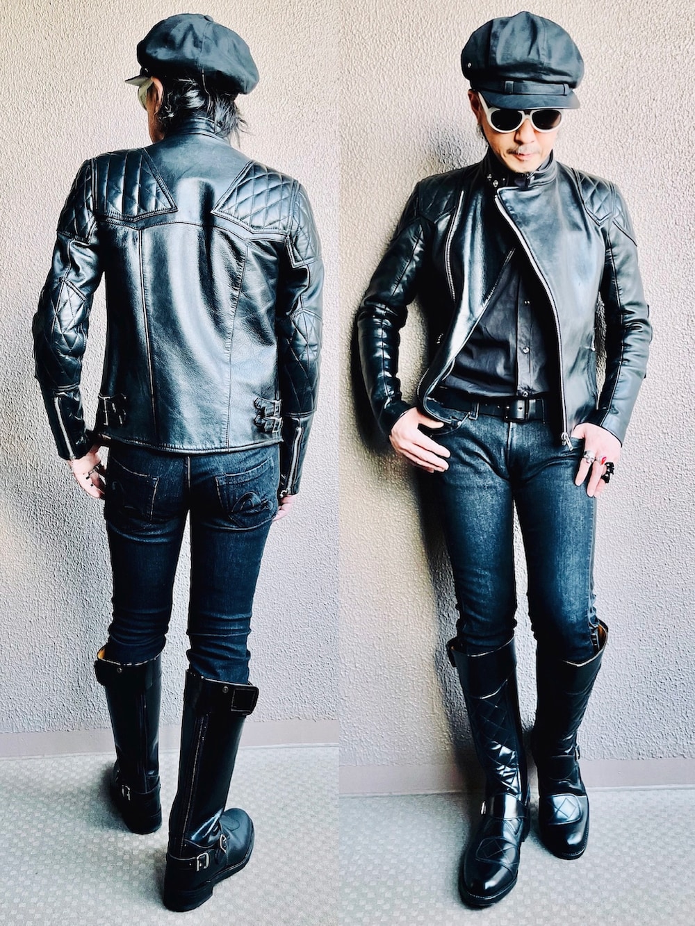 ブラック系のライダースジャケット、ブラック系のシャツ/ブラウス、ブラック系のデニムパンツを着用したメンズの秋コーディネートの2枚目の写真