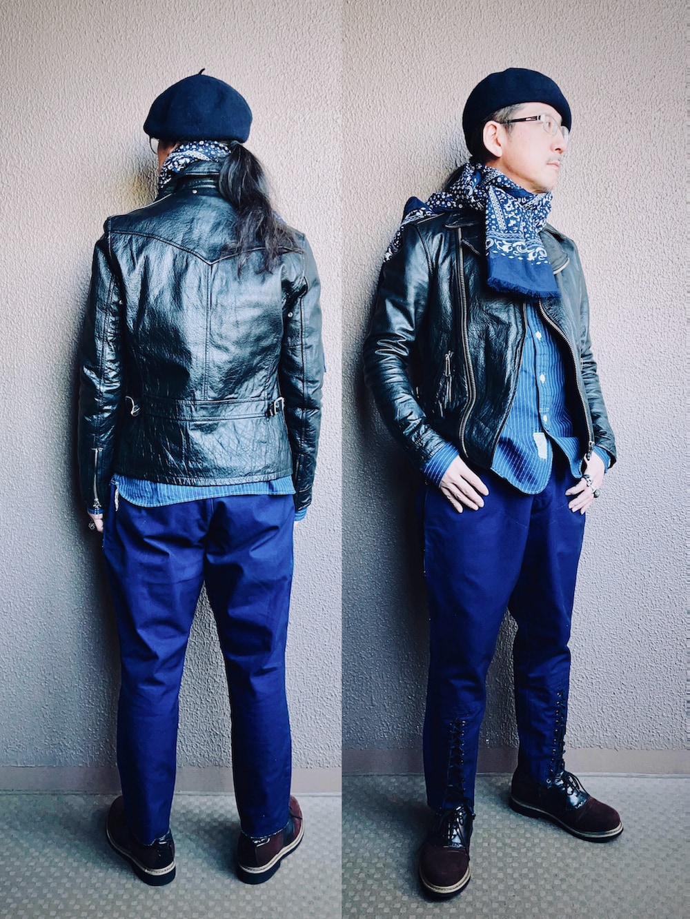 ブラック系のライダースジャケット、ブルー系のチノパンツ、ブラウン系のドレスシューズを着用したメンズの冬コーディネートの4枚目の写真