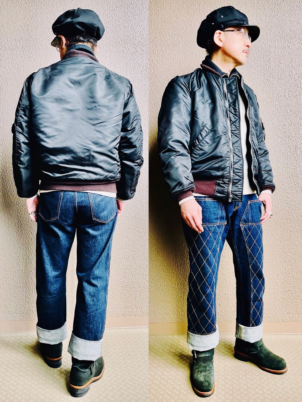 「アメカジ、アメカジコーデ、MA-1、フライトジャケット、ミリタリー、ミリタリージャケット、デニム、デニムパンツ、デニムコーデ、ジーンズ、ハーフジップ、スウェード、スウェット、ブーツ、キャスケット」｜「Buzz Rickson'sのWilliam GibsonモデルMA-1 （MA-1、ブラック系）」を使った、YasushiImanishiさん（メンズ・168cm）の冬コーディネートの4枚目の写真