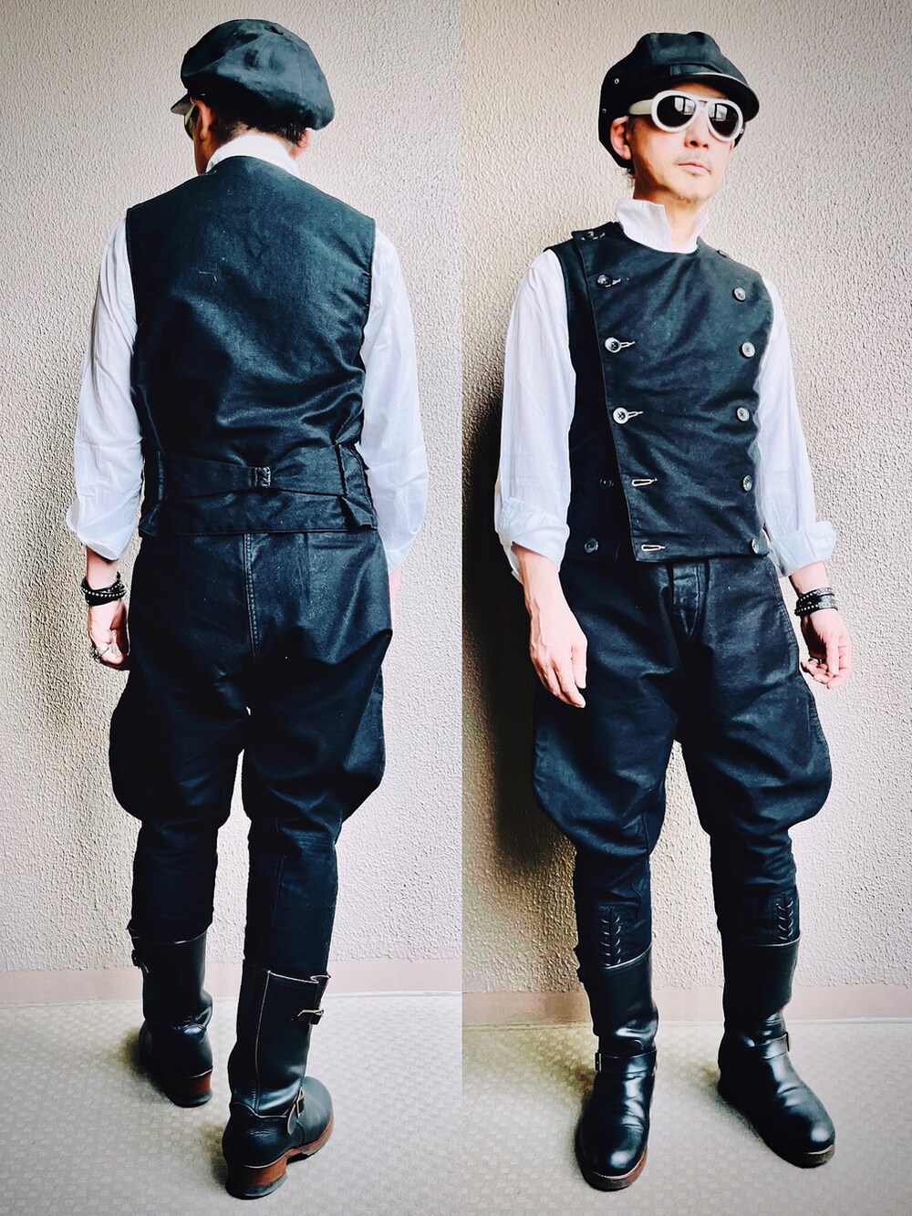 ブラック系のベスト、ブラック系のチノパンツ、ブラック系のブーツを着用したメンズの春コーディネートの5枚目の写真