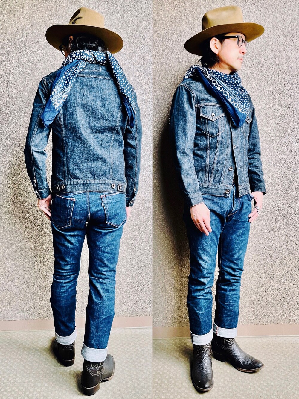 ブルー系のデニムジャケット、ブルー系のデニムパンツ、ブラウン系のブーツを着用したメンズの秋コーディネートの4枚目の写真