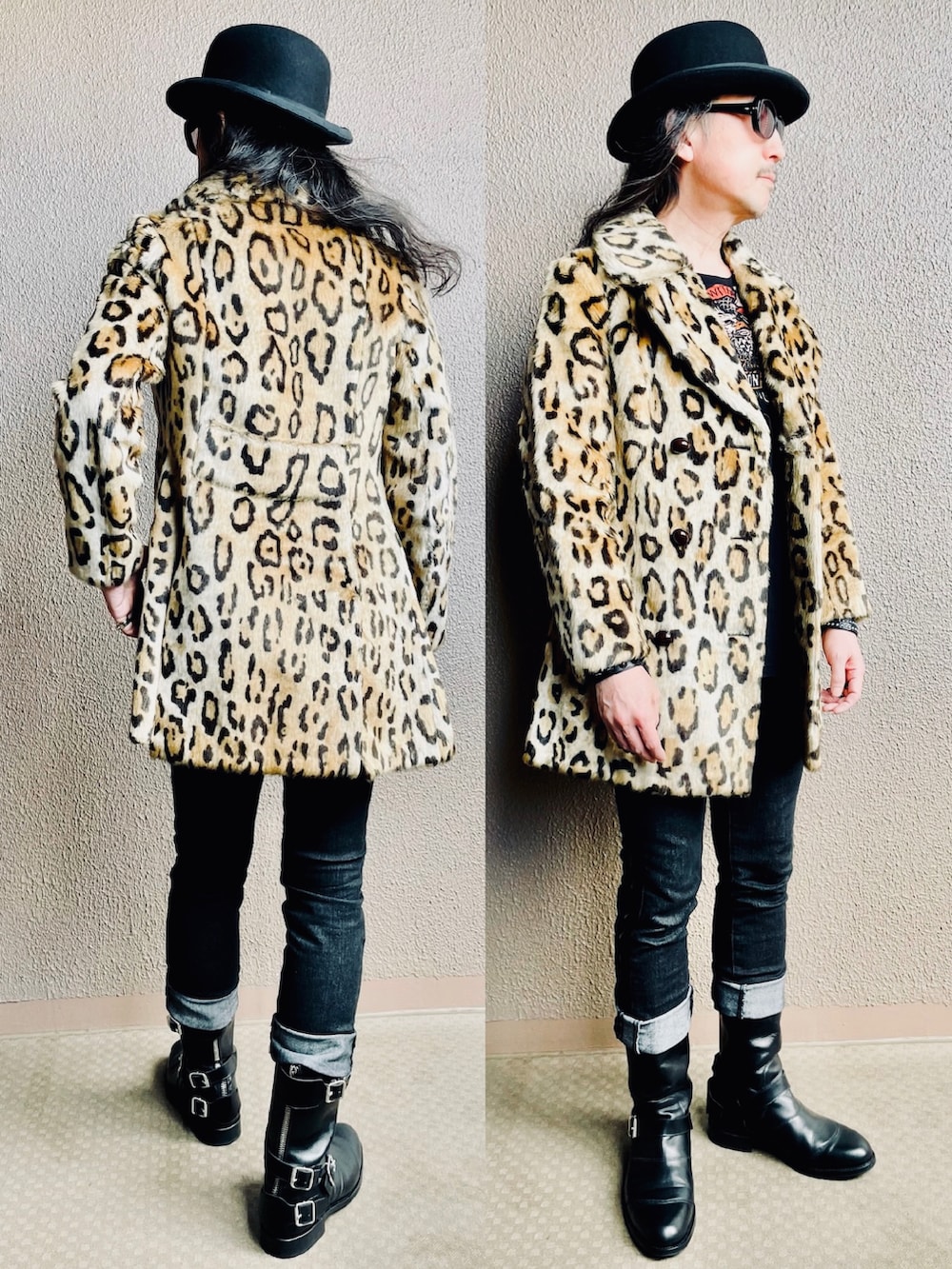 イエロー系のピーコート、ブラック系のデニムパンツ、ブラック系のブーツを着用したメンズの春コーディネートの3枚目の写真