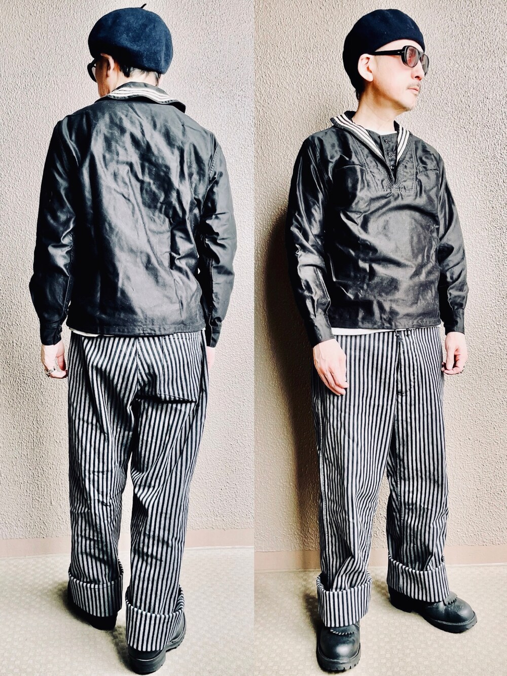 ブラック系のシャツ/ブラウス、グレー系のチノパンツ、ブラック系のブーツを着用したメンズの春コーディネートの4枚目の写真