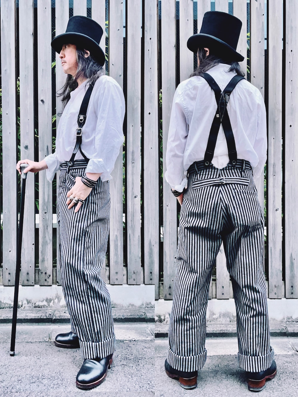 ホワイト系のシャツ/ブラウス、グレー系のチノパンツ、ブラック系のブーツを着用したメンズの夏コーディネートの3枚目の写真