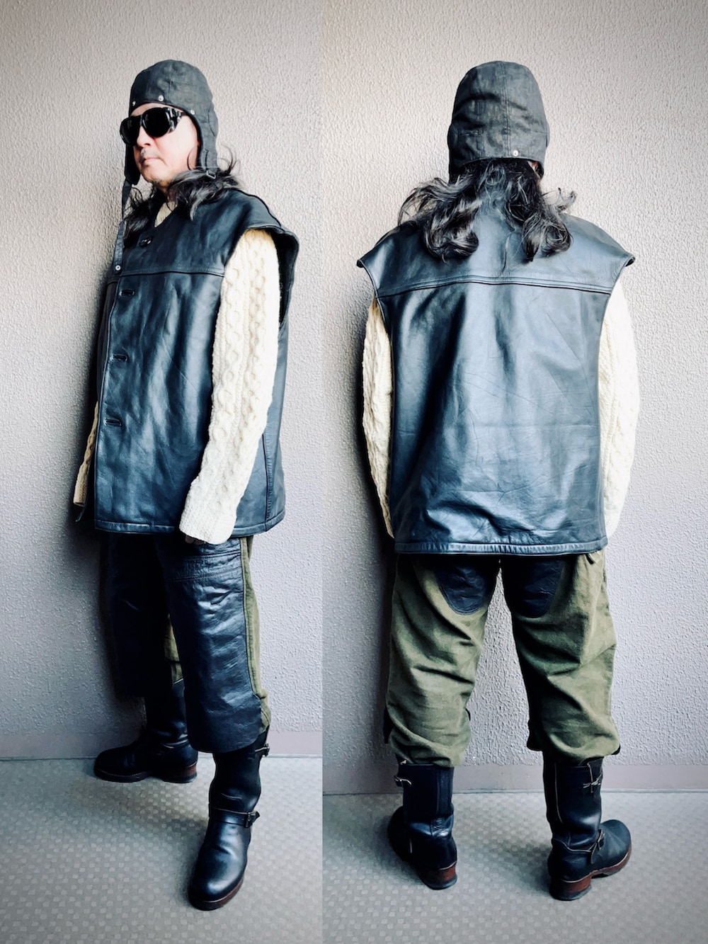 ホワイト系のニット/セーター、ブラック系のミリタリージャケット、グリーン系のチノパンツを着用したメンズの秋コーディネートの3枚目の写真