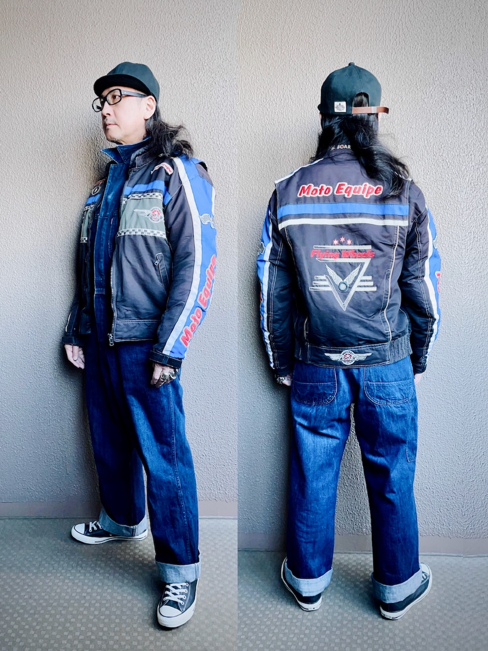 「レーシングジャケット、ライダースジャケット、ナイロンジャケット、デニム、デニムパンツ、デニムジャケット、つなぎ、オールインワン、ワントーンコーデ、アメカジ、スポーツミックス、古着MIX、キャップ、メガネ男子、スニーカー」｜「VINTAGEのレーシングジャケット（ナイロンジャケット、ブルー系）」を使った、YasushiImanishiさん（メンズ・168cm）の冬コーディネートの2枚目の写真