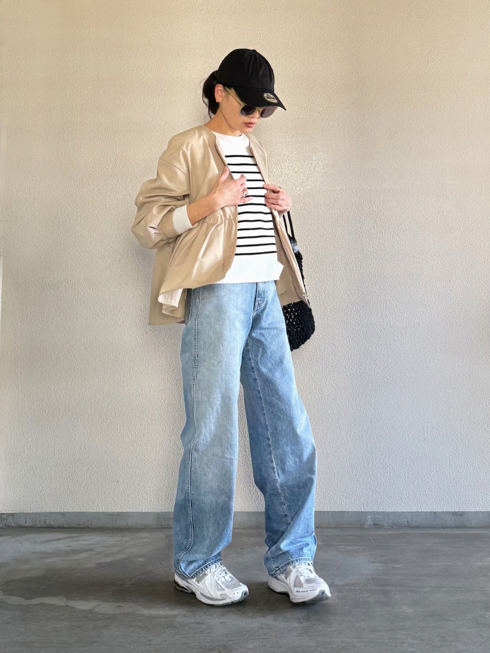 「PR、ブルゾン、春コート、大人カジュアル、大人コーデ、春色」｜「OPAQUE.CLIPの撥水ノーカラーペプラムブルゾン【洗濯機洗い可/花粉対応】（ノーカラージャケット、ベージュ系）」を使った、Yukieさん（骨格ナチュラル・レディース・166cm）の春コーディネートの3枚目の写真
