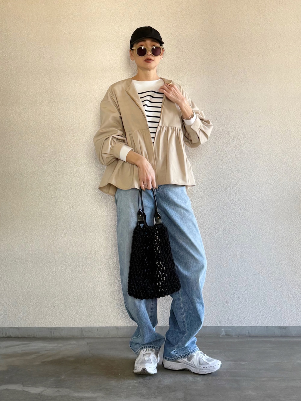「PR、ブルゾン、春コート、大人カジュアル、大人コーデ、春色」｜「OPAQUE.CLIPの撥水ノーカラーペプラムブルゾン【洗濯機洗い可/花粉対応】（ノーカラージャケット、ベージュ系）」を使った、Yukieさん（骨格ナチュラル・レディース・166cm）の春コーディネートの2枚目の写真