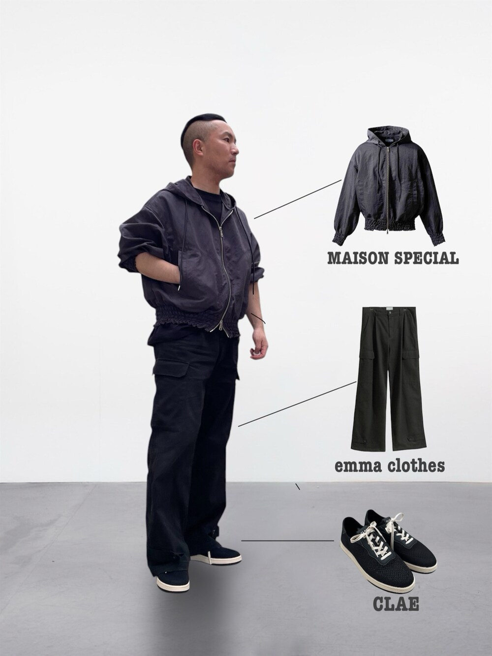 グレー系のブルゾン、ブラック系のカーゴパンツ、ブラック系のスニーカーを着用したメンズの春コーディネートの2枚目の写真