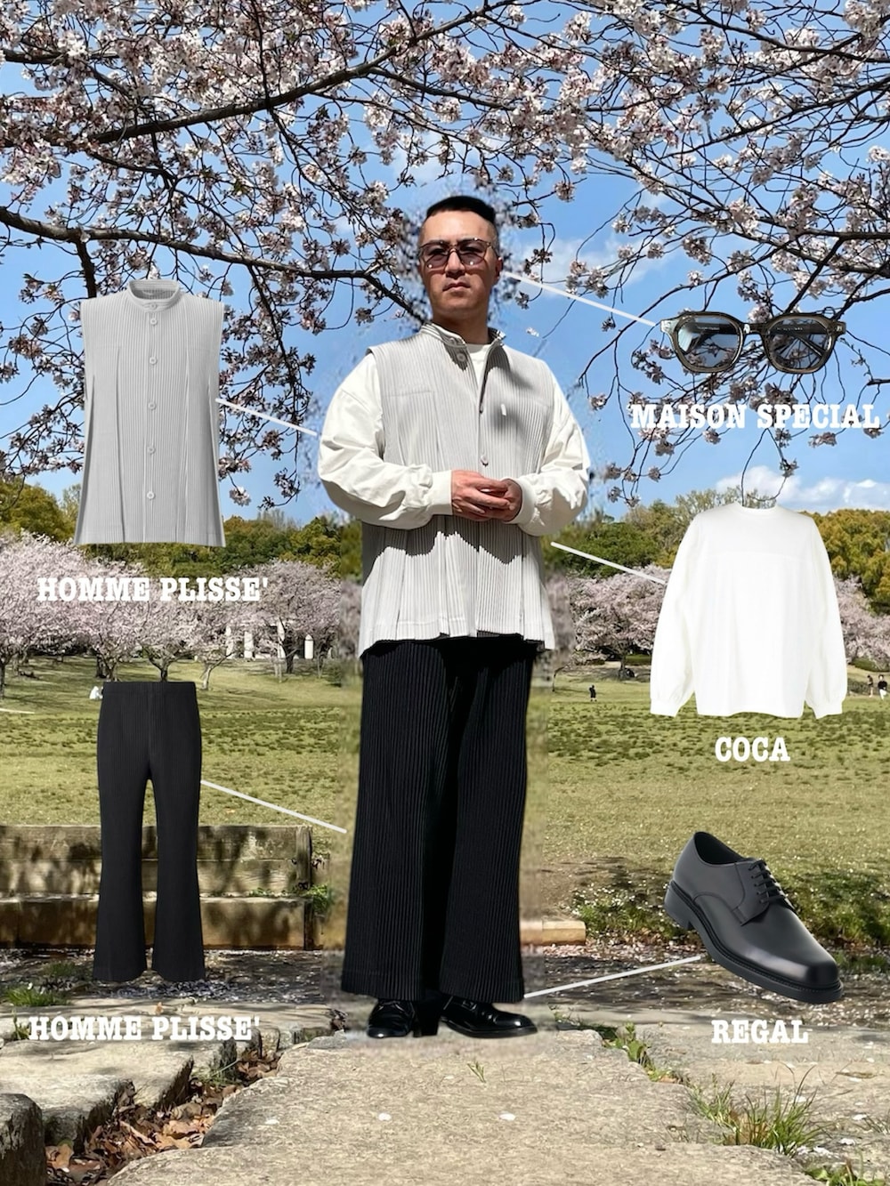 グレー系のベスト、ブラック系のその他パンツ、ホワイト系のTシャツ/カットソーを着用したメンズの春コーディネートの2枚目の写真