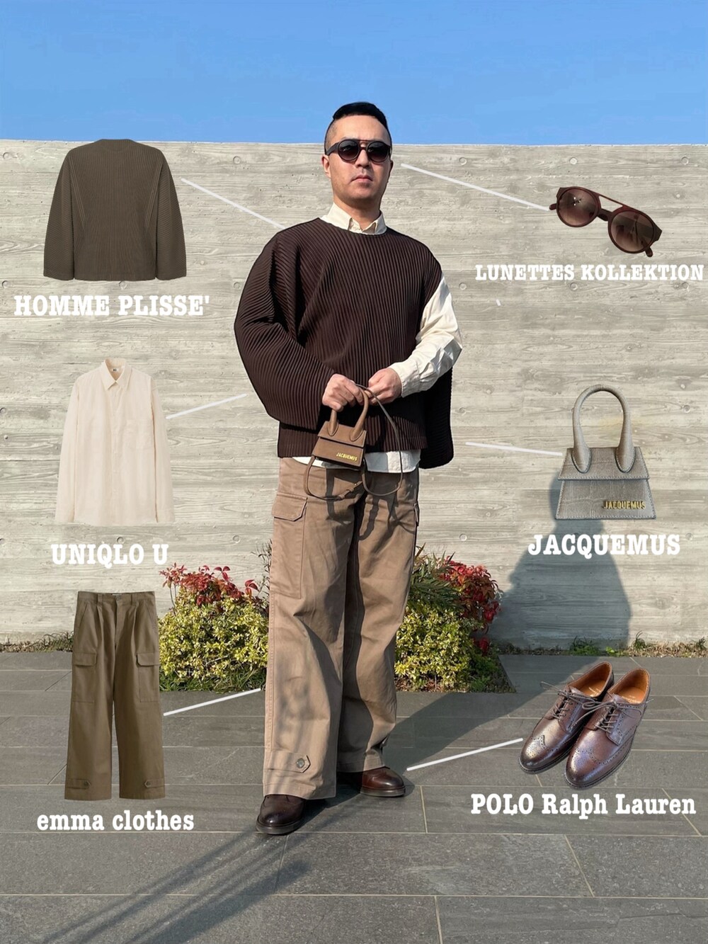 ブラウン系のTシャツ/カットソー、グリーン系のカーゴパンツ、ブラウン系のドレスシューズを着用したメンズの春コーディネートの2枚目の写真