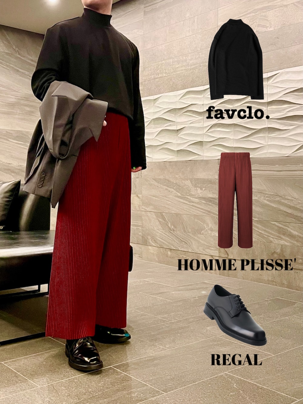 ブラック系のTシャツ/カットソー、グレー系のテーラードジャケット、レッド系のその他パンツを着用したメンズの秋コーディネートの4枚目の写真