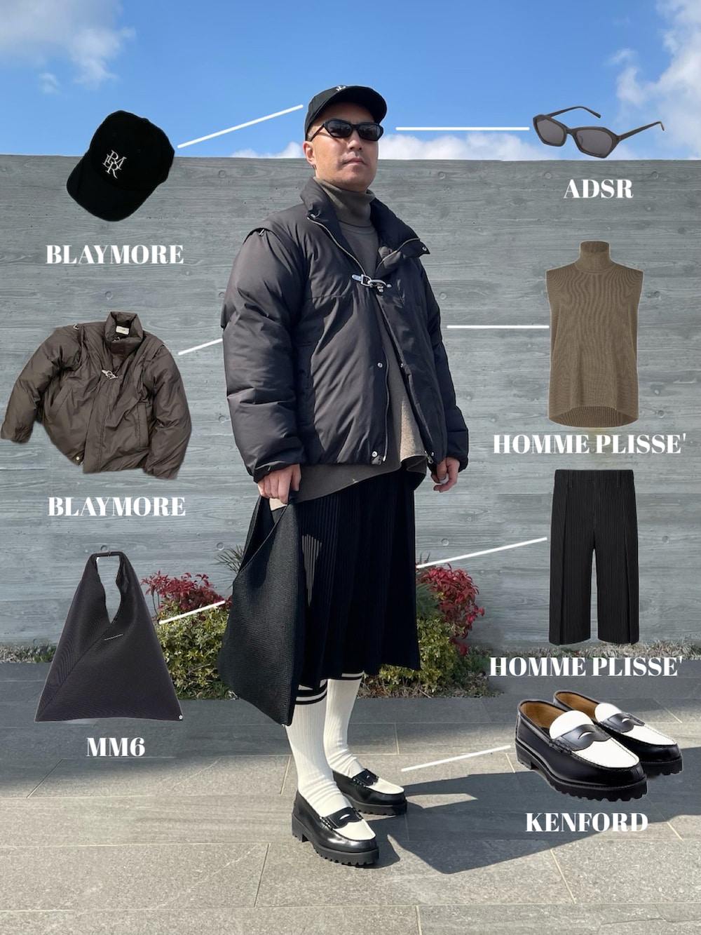 「ニットベスト、ローファー、キャップ、モノトーン、hommeplisse、オムプリッセイッセイミヤケ、BLAYMORE、革靴×靴下」｜「BLAYMOREの【BLAYMORE】Fireman Down Jacket（その他アウター、ブラック系）」を使った、KEIさん（メンズ・168cm）の冬コーディネートの2枚目の写真