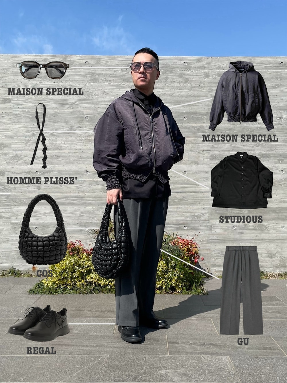 「春めき満開コーデ、maisonspecial、hommeplisse、オムプリッセイッセイミヤケ、サングラス、ワイドスラックス、GU」|「MAISON SPECIALの《UNISEX》Prime-Over Washed Nylon Shirring Fooded Blouson/プライムオーバーワッシャーナイロンシャーリングフーデッドブルゾン【MAISON SPECIAL/メゾンスペシャル】(ブルゾン、グレー系)」を使った、KEIさん(メンズ・168cm)の春コーディネートの2枚目の写真
