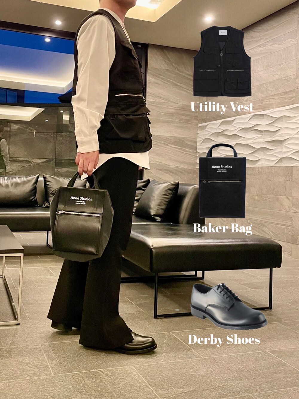 ブラック系のベスト、ブラック系のトートバッグ、ブラック系のその他パンツを着用したメンズの秋コーディネートの2枚目の写真
