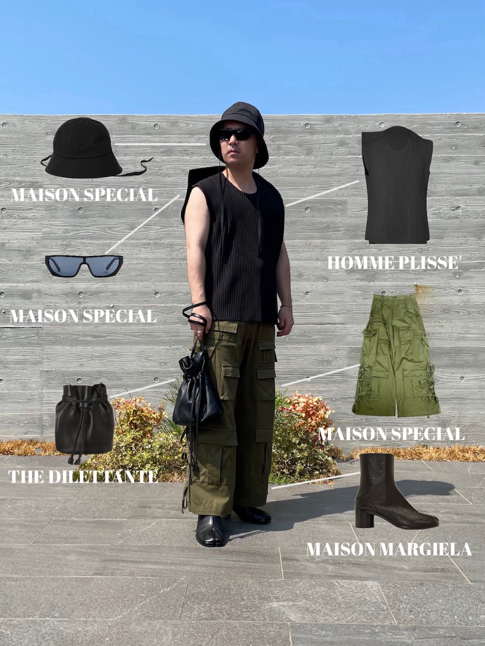 グレー系のベスト、グリーン系のカーゴパンツ、ブラック系のショルダーバッグを着用したメンズの秋コーディネートの3枚目の写真