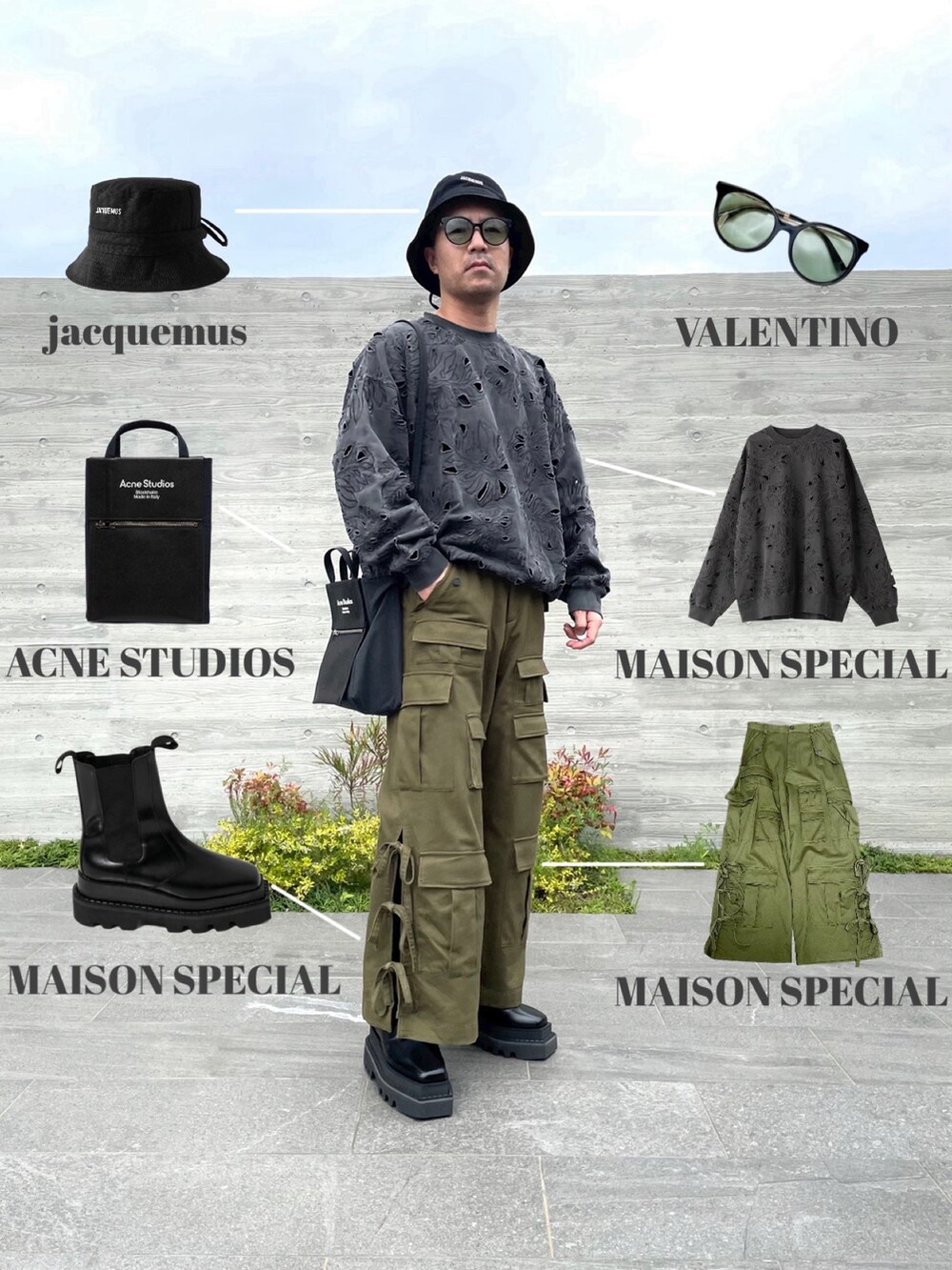 グレー系のスウェット、グリーン系のカーゴパンツ、ブラック系のブーツを着用したメンズの春コーディネートの3枚目の写真