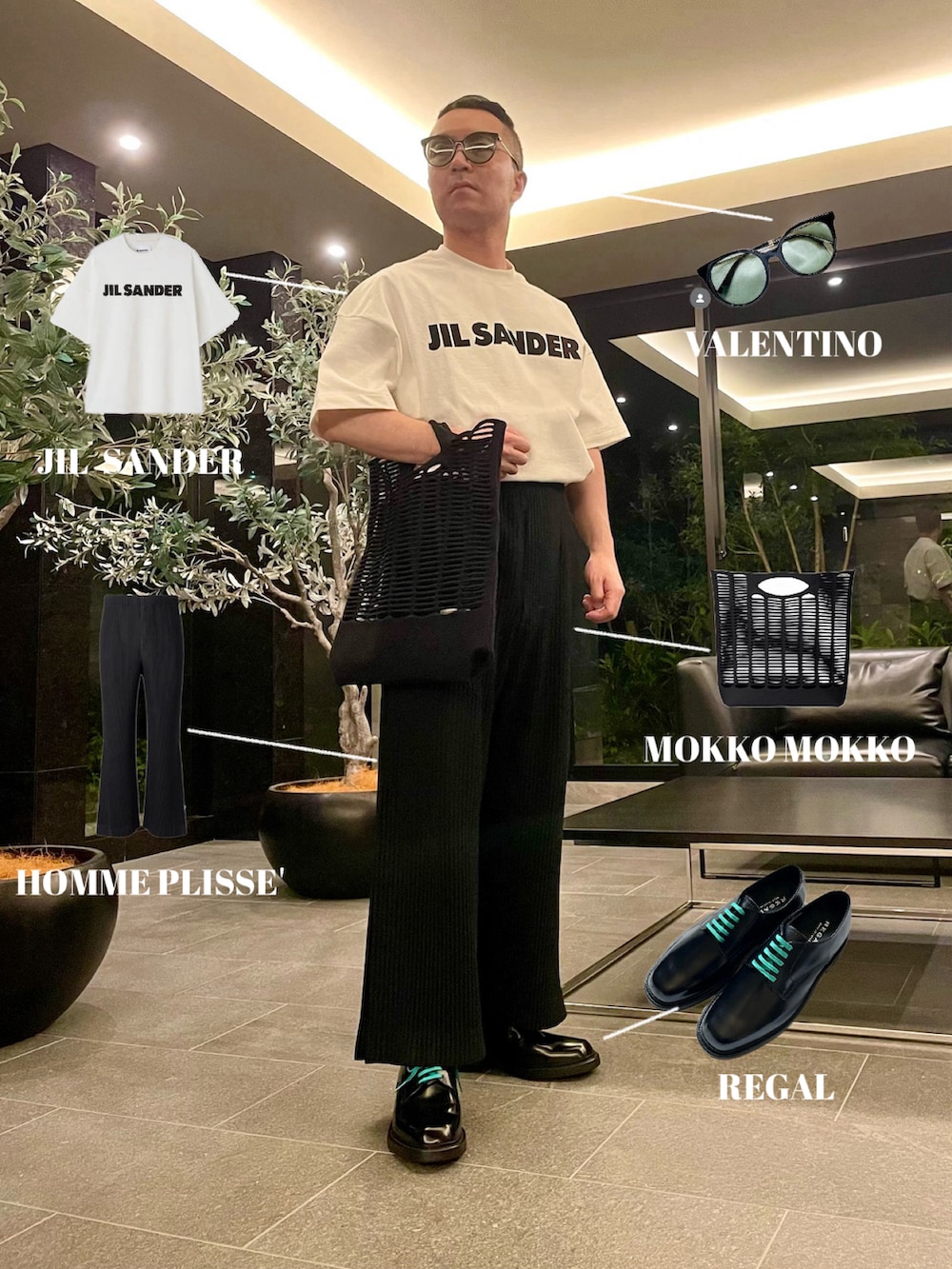 ホワイト系のTシャツ/カットソー、ブラック系のトートバッグ、ブラック系のその他パンツを着用したメンズの夏コーディネートの3枚目の写真