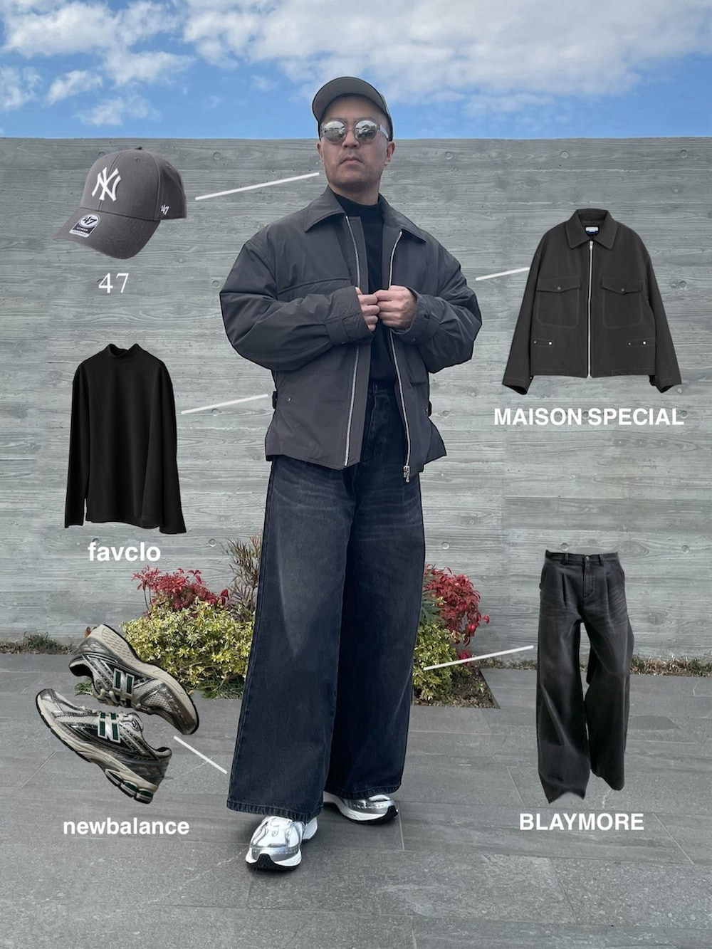 グレー系のジャケット/アウター、ブラック系のデニムパンツ、ホワイト系のスニーカーを着用したメンズの春コーディネートの2枚目の写真