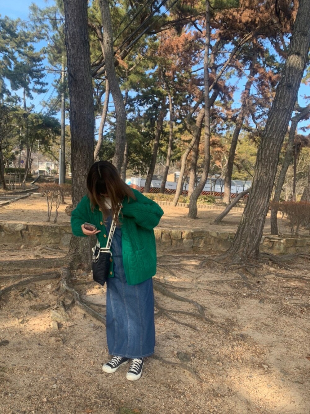 グリーン系のカーディガン/ボレロ、ブルー系のワンピース、ブラック系のショルダーバッグを着用したレディースの冬コーディネートの2枚目の写真