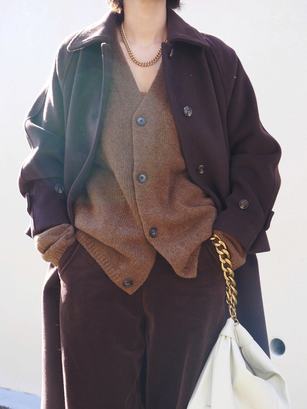 ブラウン系のステンカラーコート、ホワイト系のショルダーバッグ、ブラウン系のカーディガン/ボレロを着用したレディースの冬コーディネートの3枚目の写真