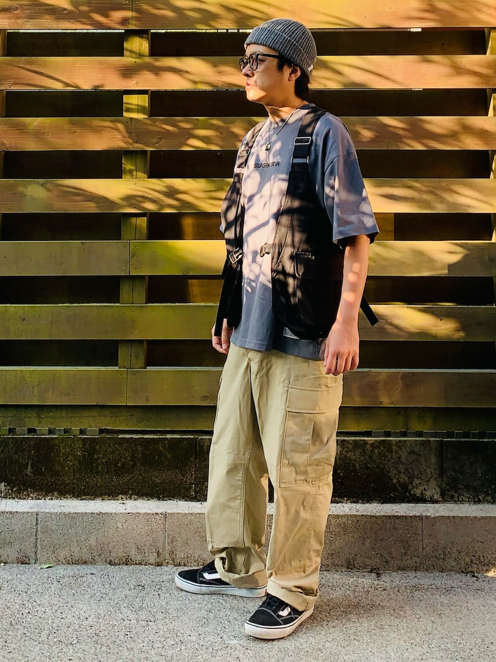 グレー系のTシャツ/カットソー、ブラック系のベスト、ベージュ系のカーゴパンツを着用したメンズの春コーディネートの2枚目の写真