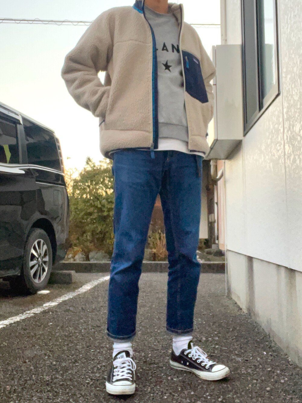 「パタゴニアレトロX、patagonia、CLANE、グラミチ、コンバース、UNIQLO、休日コーデ、お洒落さんとつながりたい、オトナカジュアル、ゆるコーデ、今日のコーデ、ファッションの力を信じよう、いいね、save、フォローお願いします🤑、冬コーデ、きれいめカジュアル」｜「patagoniaのWEB限定 patagonia/パタゴニア メンズ・クラシック・レトロX・ジャケット（ブルゾン、ホワイト系）」を使った、べーあーさん（メンズ・176cm）の冬コーディネートの2枚目の写真