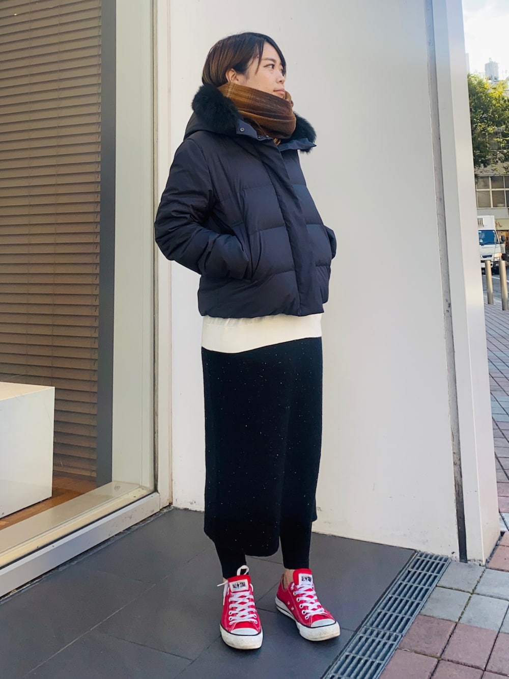 ブラック系のダウンジャケット/コート、ブラック系のスカート、ホワイト系のニット/セーターを着用したレディースの秋コーディネートの2枚目の写真