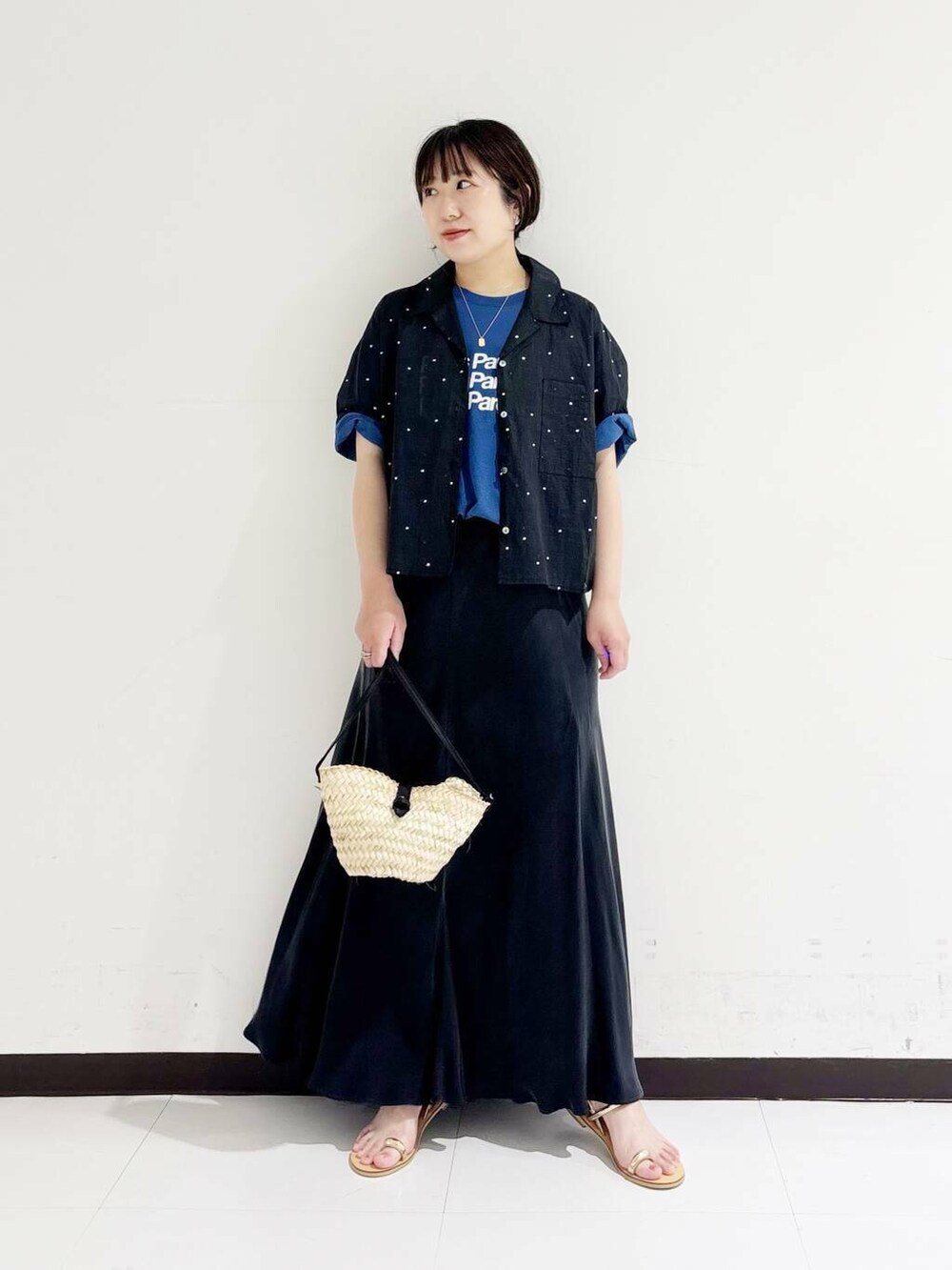 「大人カジュアル、Tシャツ、ママコーデ、サンダル、低身長、休日コーデ、newarrival、低身長コーデ、30代、体型カバー、紫外線対策、ママの体型カバー、149cm、下半身太め、30代後半」|「SMELLYのSMELLY so’ rectangle plate necklace(ネックレス、ゴールド系)」を使った、maaamii02さん(レディース・150cm)の夏コーディネートの5枚目の写真
