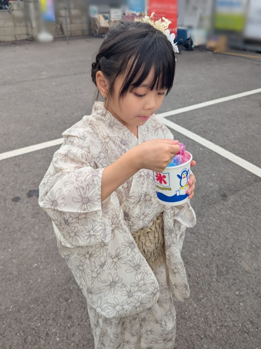 「夏祭り、お祭りコーデ、お祭り、子供服コーデ、キッズコーデ、浴衣、夏、夏コーデ」｜「pairmanonのアイテム（浴衣、ベージュ系）」を使った、RenRenさん（キッズ・110cm）の夏コーディネートの2枚目の写真