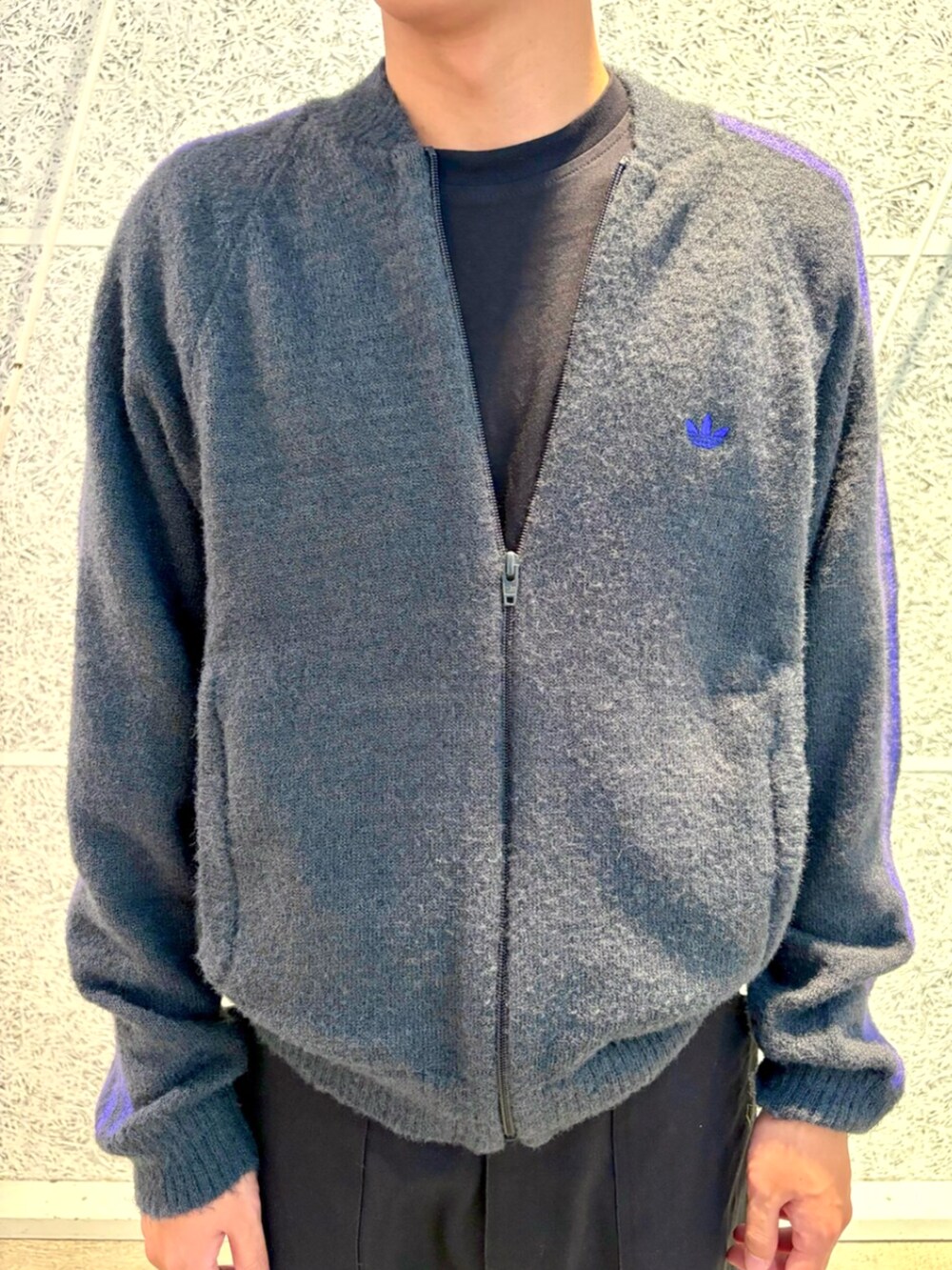 グレー系のジャージ、ブルー系のシューズを着用したメンズの秋コーディネートの2枚目の写真