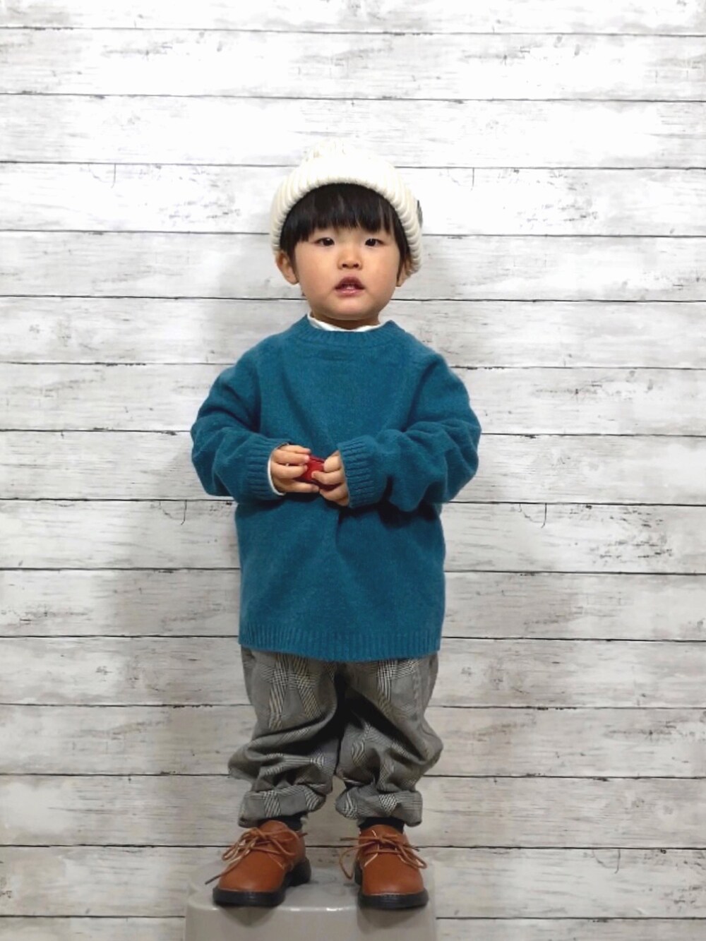 「ニット、カラーニット、タートルネック、レイヤードスタイル、チェック、チェックパンツ、ニット帽、韓国子供服、UNIQLO、休日スタイル、マイベストコーデ2022、クリスマスに着たい服、ワイドパンツ」｜「ZARA KIDSのアイテム（ニット/セーター、ブルー系）」を使った、YU⭐︎さん（キッズ・80cm）の冬コーディネートの2枚目の写真