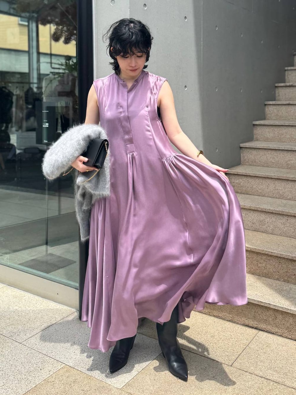 「ワンピース、ニット、おでかけ、きれいめ、きれいめカジュアル、Chaos」｜「ChaosのChaos(カオス)/ロンデリアプルオーバー（ニット/セーター、グレー系）」を使った、chaos _eriさん（レディース・158cm）の夏コーディネートの5枚目の写真