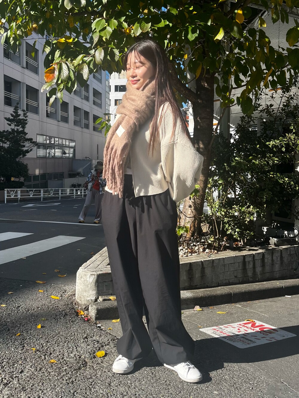 ホワイト系のニット/セーター、ブラック系のカーゴパンツ、ベージュ系のストール/ショールを着用したレディースの秋コーディネートの2枚目の写真