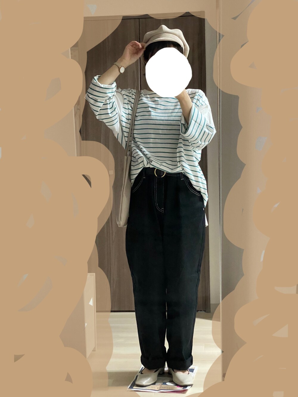 「休日スタイル、楽チンコーデ、低身長、プチプラ」｜「RETRO GIRLのパネルボーダーTee（Tシャツ/カットソー、グリーン系）」を使った、とーやまさん（レディース・153cm）の夏コーディネートの2枚目の写真