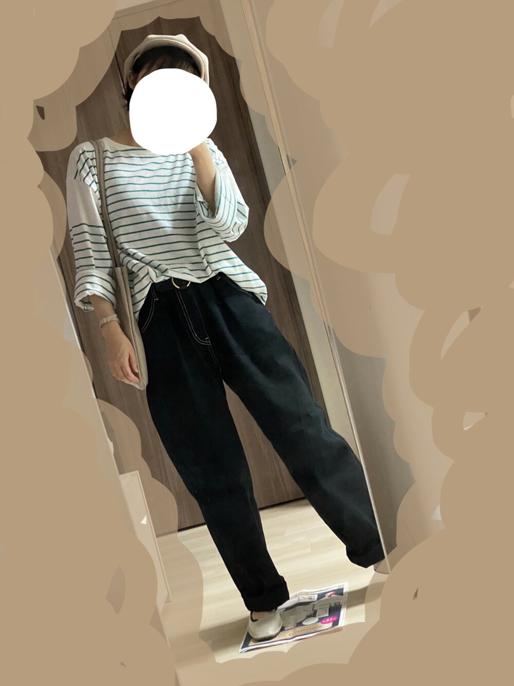 「休日スタイル、楽チンコーデ、低身長、プチプラ」｜「RETRO GIRLのパネルボーダーTee（Tシャツ/カットソー、グリーン系）」を使った、とーやまさん（レディース・153cm）の夏コーディネートの3枚目の写真