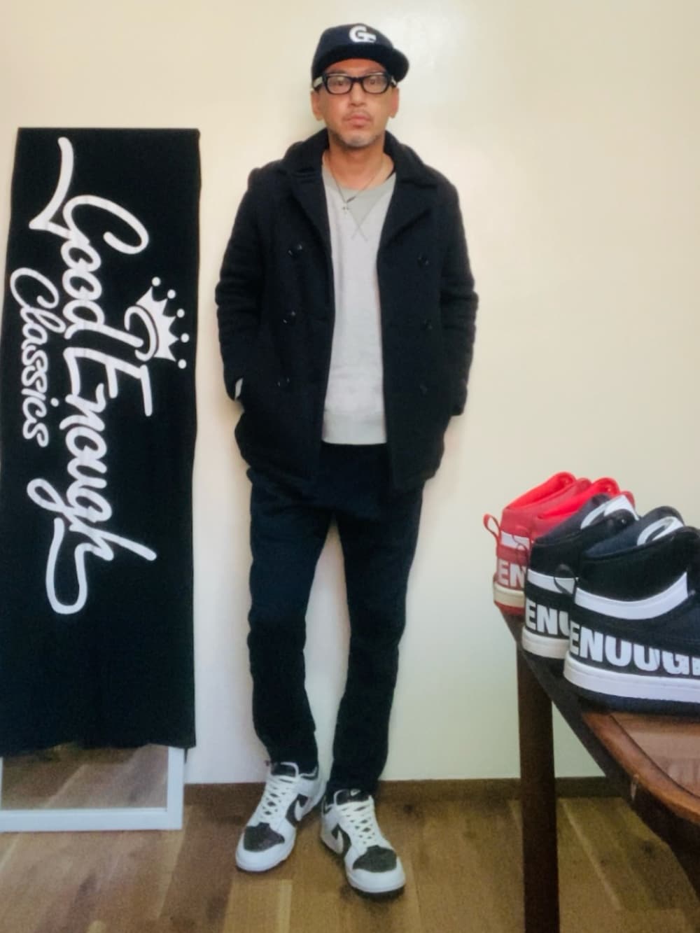 「ピーコート、ネイビー、ダンク、イージーパンツ、リバースウィーブ」｜「GOODENOUGHのアイテム（キャップ、ブラック系）」を使った、GOODMAN®️さん（メンズ・168cm）の秋コーディネートの2枚目の写真