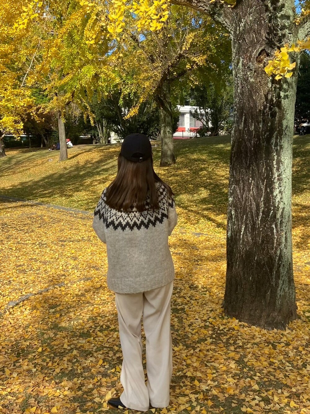 ホワイト系のニット/セーター、ホワイト系のパンツ、ブルー系のキャップを着用したレディースの冬コーディネートの2枚目の写真