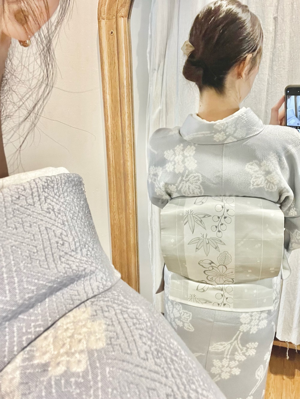 「きもの、着物、絞りきもの、しぼり着物、総絞り、帯、名古屋帯、帯締め」｜「古着のアイテム（着物、グレー系）」を使った、soratumiさん（レディース・170cm）の夏コーディネートの2枚目の写真