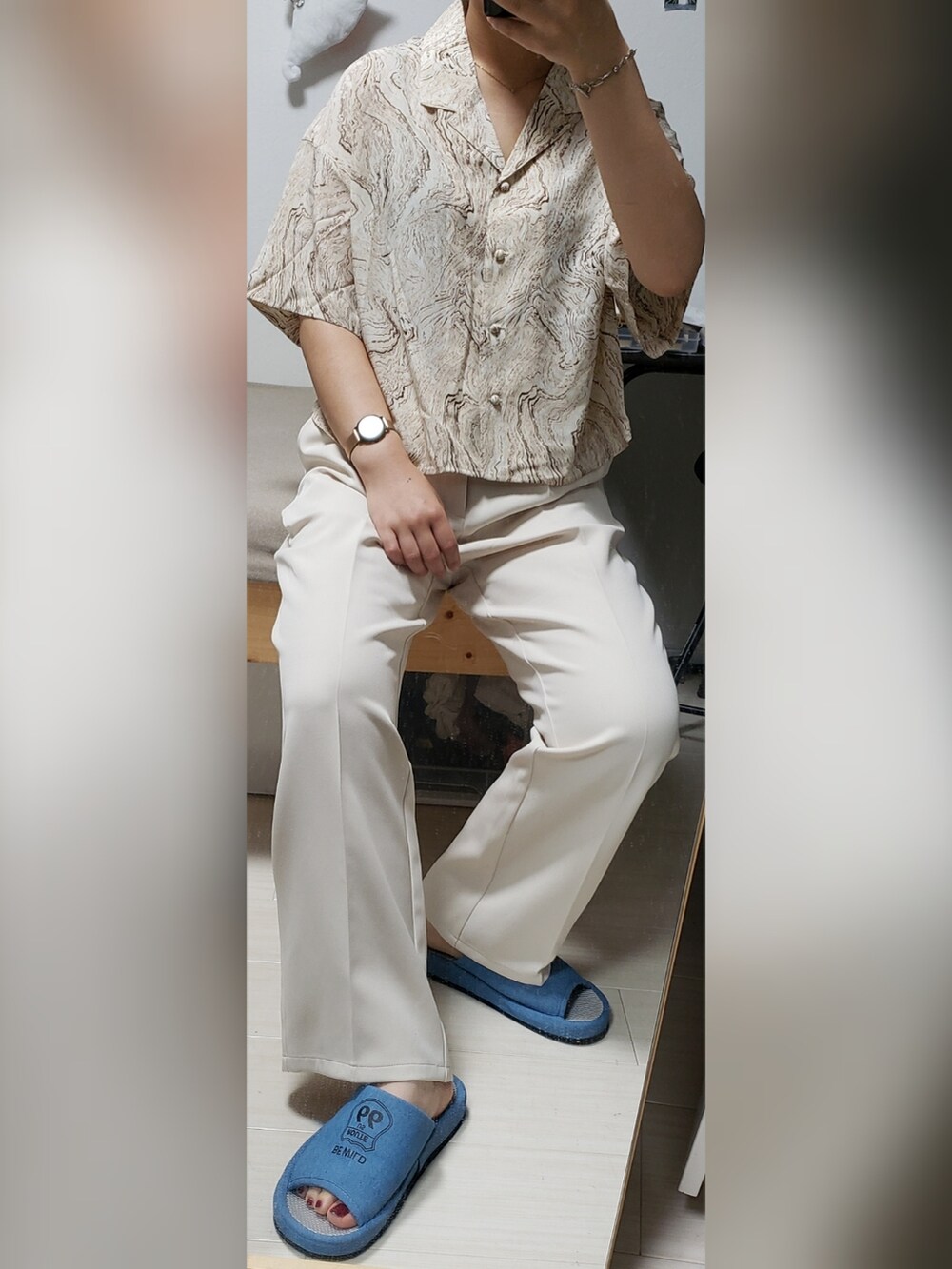 「ZOZOのアイテム（スラックス、ホワイト系）」を使った、yukifashioさん（レディース・153cm）の夏コーディネートの2枚目の写真