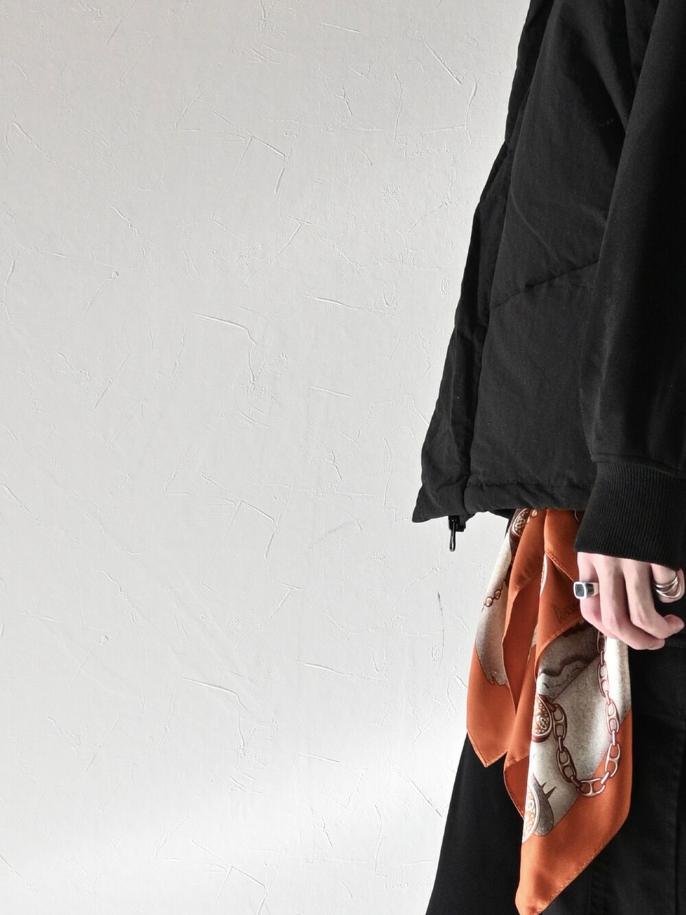 ブラック系のスウェット、ブラック系のダウンベスト、ブラック系のカーゴパンツを着用したメンズの秋コーディネートの2枚目の写真